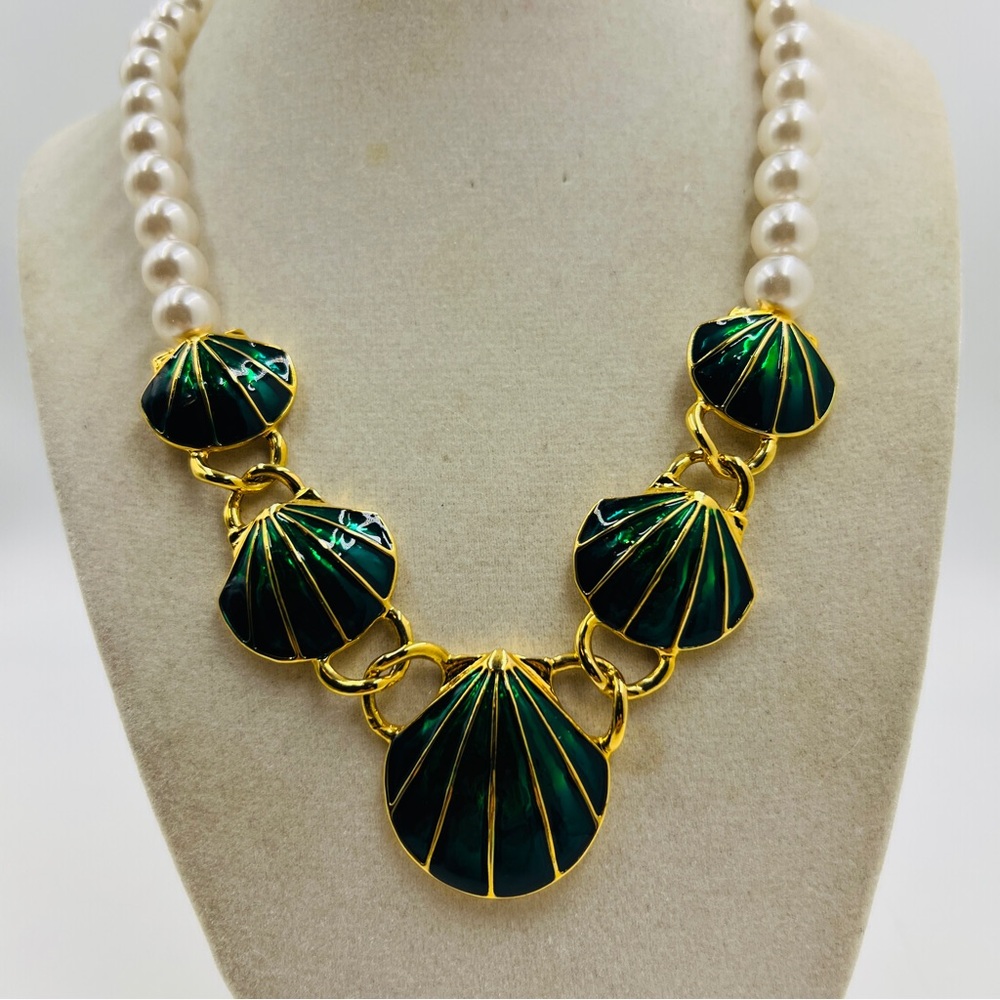 Gold Tone Green Enamel Shell Faux Pearl Necklace 18” Maximalist Glamorous
